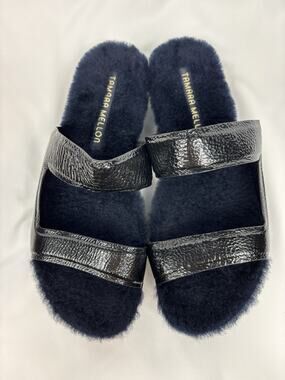 Tamara Mellon Roam Sandals Black Patent Leather Faux Fur Lined Size 38 Lug Sole